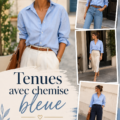 Femme portant une chemise bleue élégante, accompagnée de jeans et accessoires tendance.