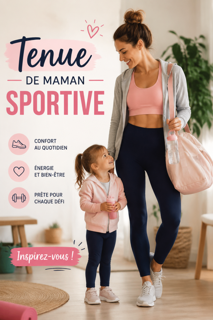 Une maman en tenue de sport moderne et élégante à l'extérieur, prête pour l'exercice.
