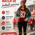 Femme en tenue stylée pour un match de football américain, montrant son soutien à son équipe.