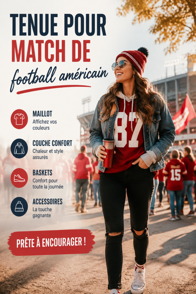 Femme en tenue stylée pour un match de football américain, montrant son soutien à son équipe.