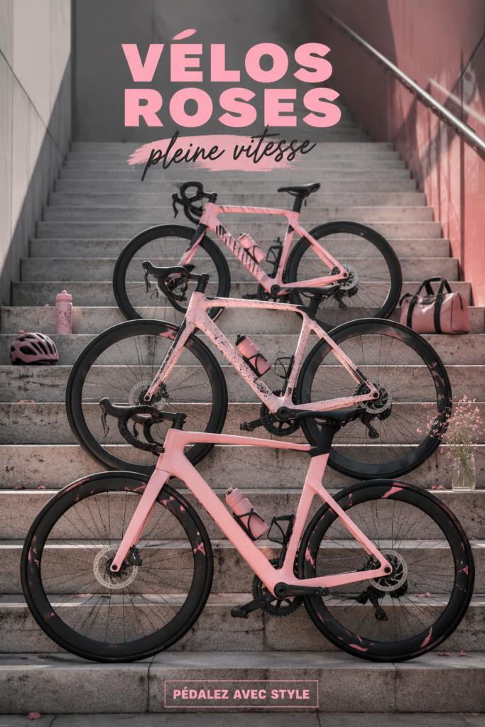 Un vélo rose élégant sur une route de campagne, parfait pour le cyclisme féminin.