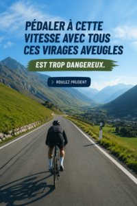 Cyciste évitant un virage dangereux sur un chemin de campagne, illustrant les conseils de sécurité à vélo.