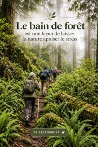 Femme se relaxant en forêt pendant un bain de forêt, entourée d'arbres, symbole de bien-être.