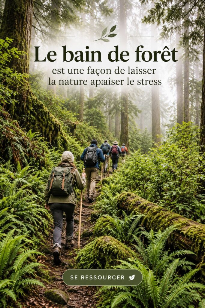 Femme se relaxant en forêt pendant un bain de forêt, entourée d'arbres, symbole de bien-être.