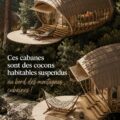 Cabanes suspendues en bois entre les arbres dans les montagnes, offrant une vue panoramique sur la nature