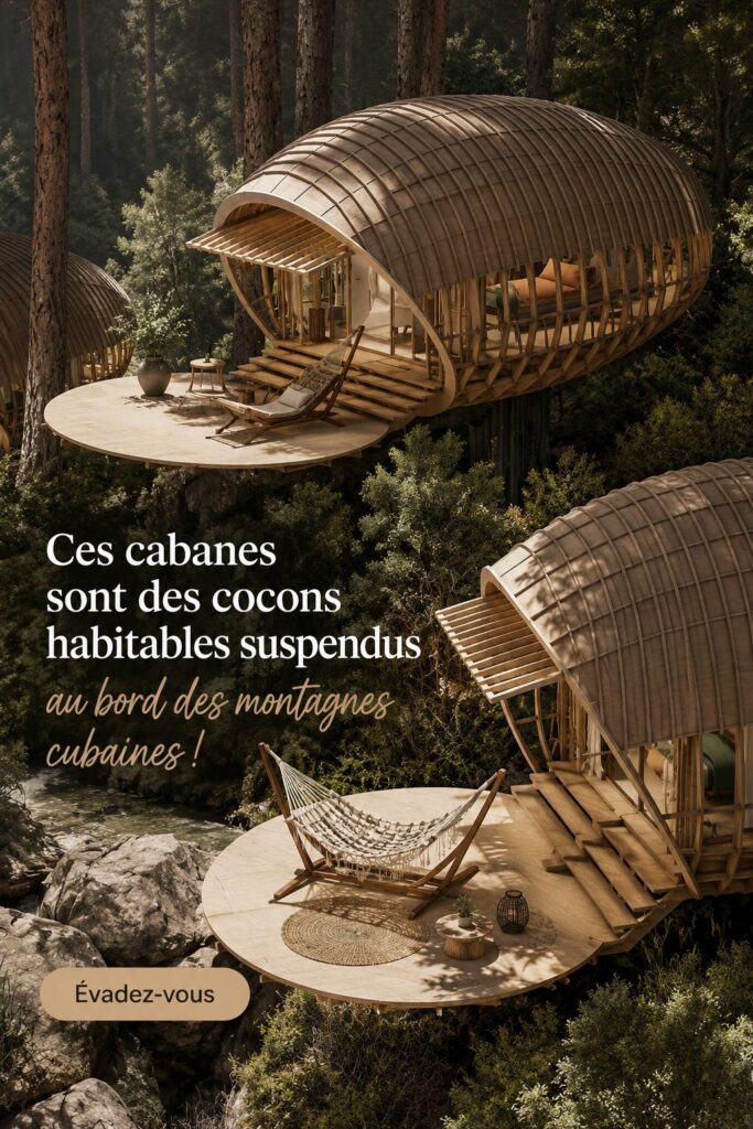 Cabanes suspendues en bois entre les arbres dans les montagnes, offrant une vue panoramique sur la nature