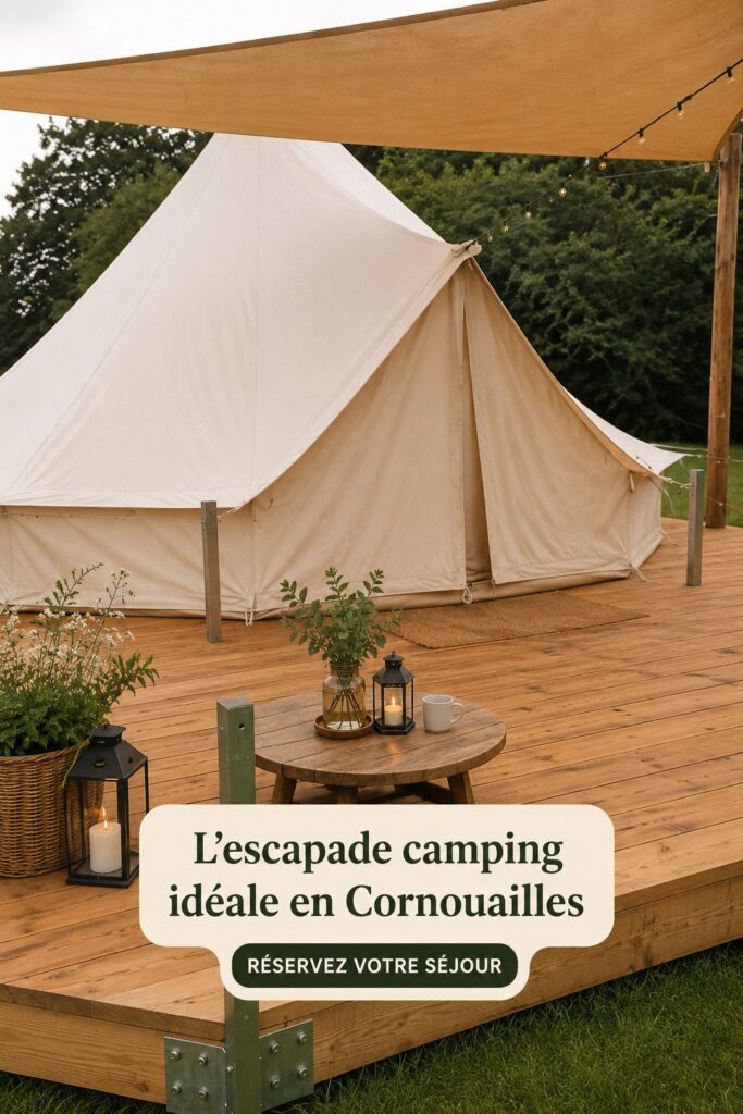 Vue d'un camping en pleine nature à Cornwall avec des tentes et le paysage côtier en arrière-plan.