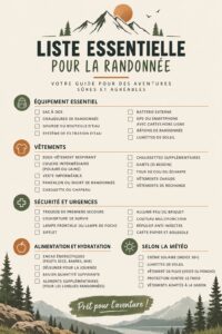 Checklist de randonnée avec des équipements de plein air sur une table en bois