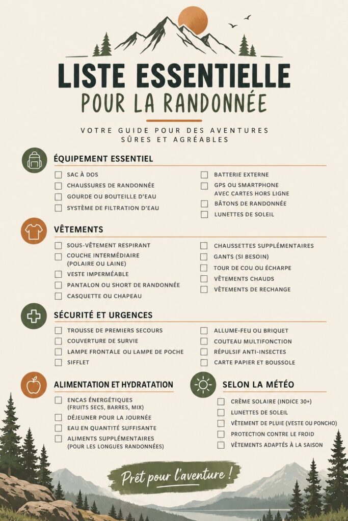 Checklist de randonnée avec des équipements de plein air sur une table en bois
