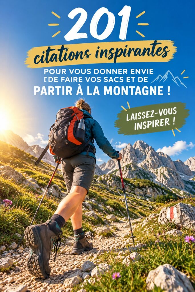 Un paysage montagneux inspirant avec des citatons sur la randonnée superposées.