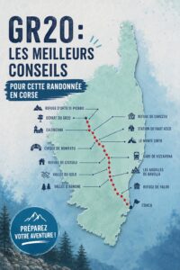 Femme en randonnée sur le GR20 en Corse, entourée par des paysages montagnards