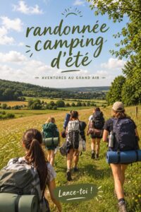 Groupe de femmes en randonnée durant l'été avec leurs tentes de camping en arrière-plan.