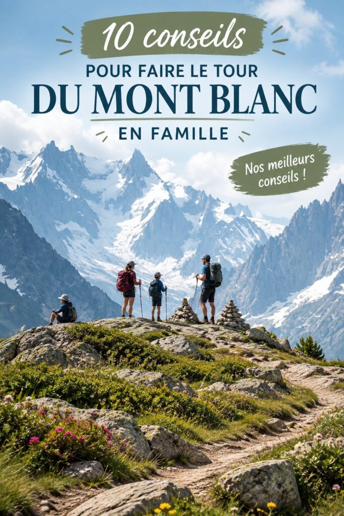 Famille en randonnée autour du Mont Blanc avec vue sur les montagnes.