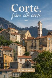 Vue panoramique sur la citadelle de Corte en Corse, entourée de montagnes et de verdure.