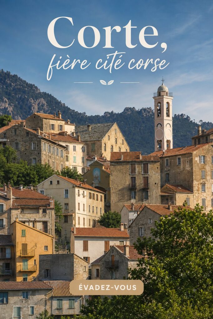 Vue panoramique sur la citadelle de Corte en Corse, entourée de montagnes et de verdure.
