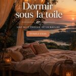 Femme dormant sous une toile en pleine nature avec des arbres autour