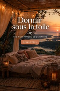 Femme dormant sous une toile en pleine nature avec des arbres autour