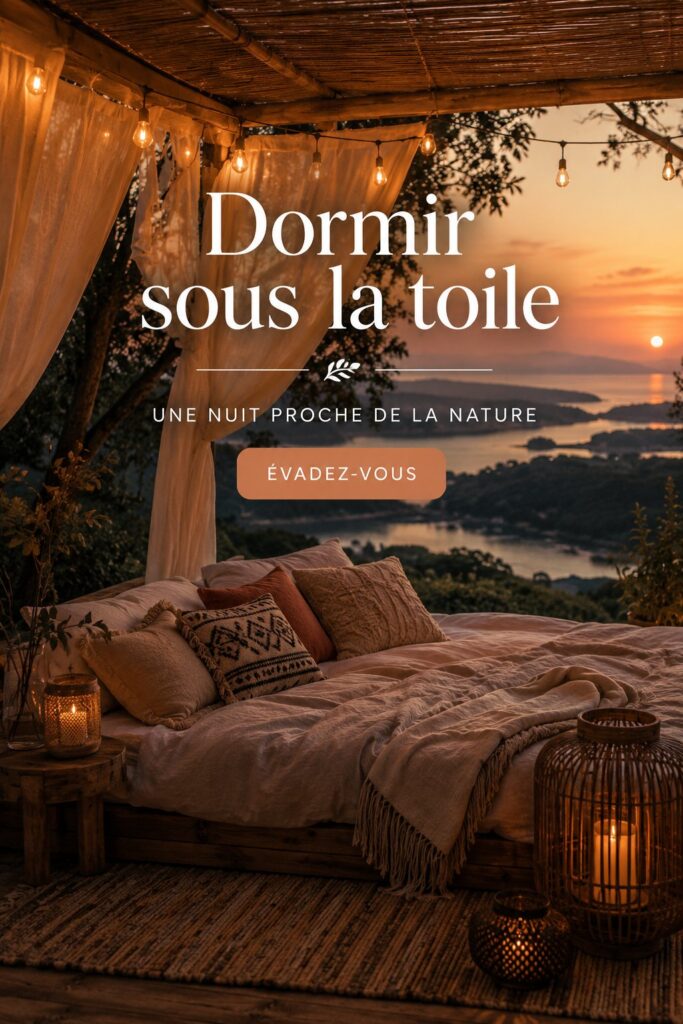 Femme dormant sous une toile en pleine nature avec des arbres autour