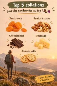 Assortiment d'en-cas sains pour la randonnée sur une table en bois.