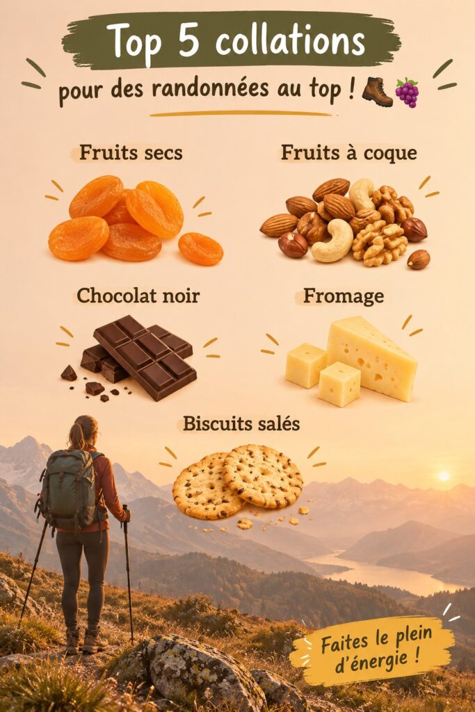 Assortiment d'en-cas sains pour la randonnée sur une table en bois.