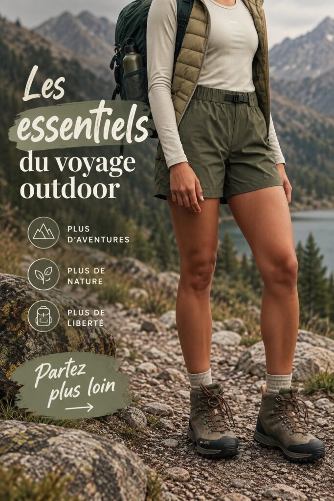 Femme préparant son équipement pour un voyage outdoor, avec des paysages naturels en arrière-plan.