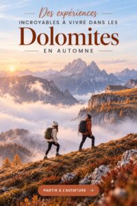 Panorama des Dolomites en automne avec des arbres aux couleurs dorées.