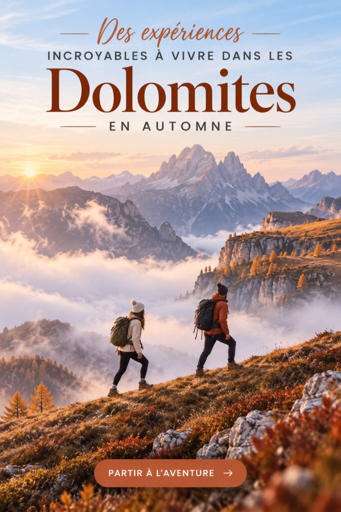 Panorama des Dolomites en automne avec des arbres aux couleurs dorées.