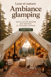 Configuration de camping boho chic avec des lumières tamisées et des éléments vintage sous un ciel étoilé.