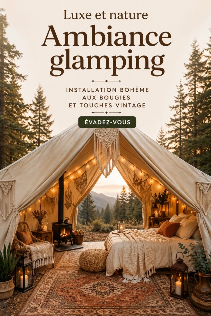 Configuration de camping boho chic avec des lumières tamisées et des éléments vintage sous un ciel étoilé.