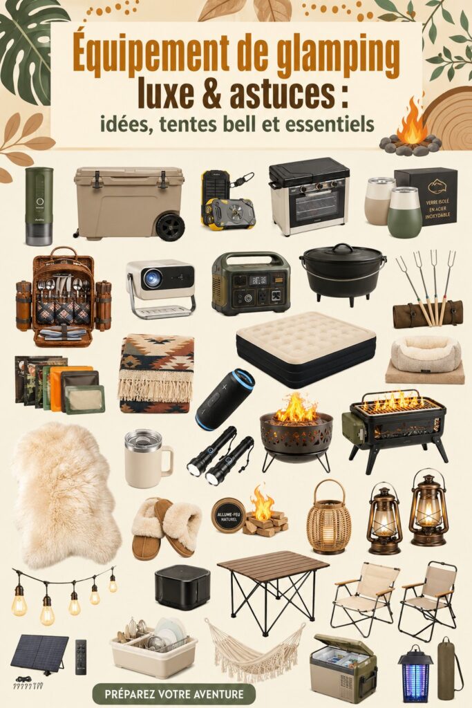 Une belle tente de glamping décorée avec des coussins et des lanternes dans un cadre naturel.