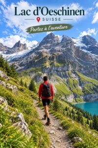 Vue panoramique du lac Oeschinen entouré de montagnes en Suisse