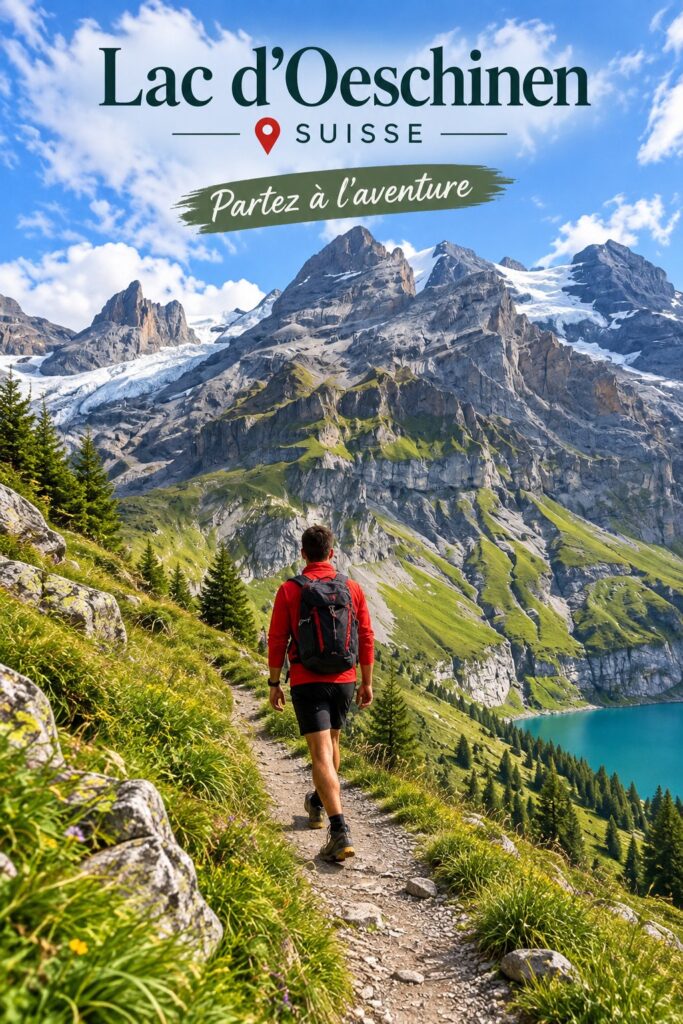 Vue panoramique du lac Oeschinen entouré de montagnes en Suisse