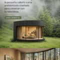 Une vue d'une cabane Lumipod en pleine nature, intégrée harmonieusement dans le paysage. Un lieu de retraite paisible.