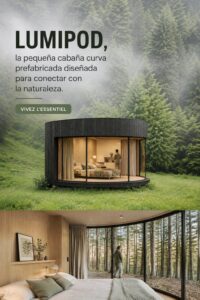 Une vue d'une cabane Lumipod en pleine nature, intégrée harmonieusement dans le paysage. Un lieu de retraite paisible.