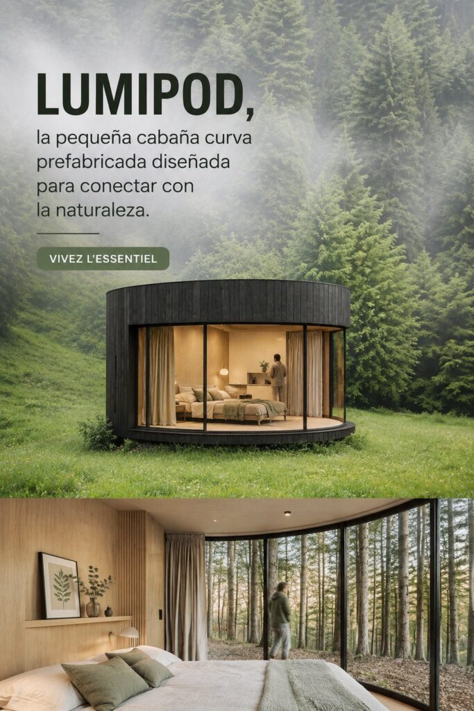 Une vue d'une cabane Lumipod en pleine nature, intégrée harmonieusement dans le paysage. Un lieu de retraite paisible.