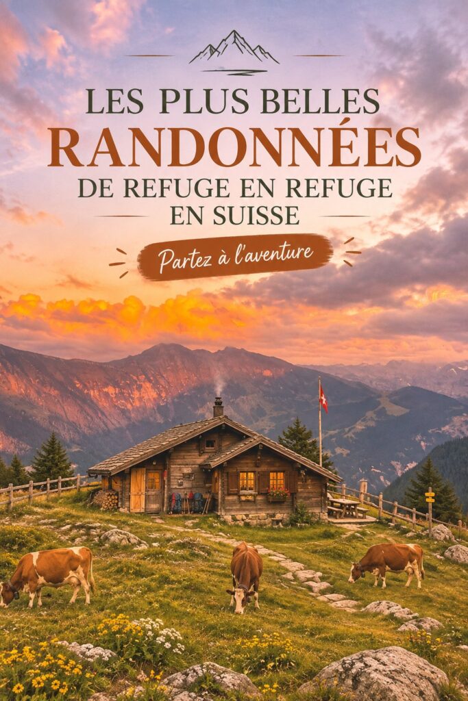 Une vue panoramique d'une randonnée en montagne en Suisse avec des huttes accueillantes.