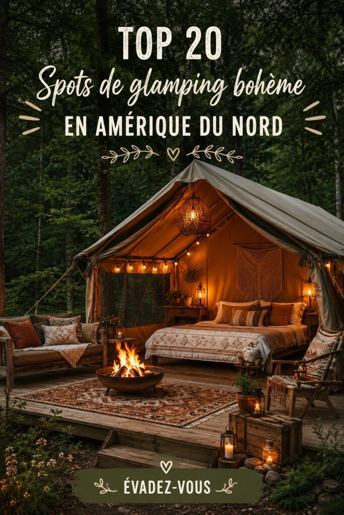 Une tente boho décorée dans la nature, idéale pour le glamping en Amérique du Nord.