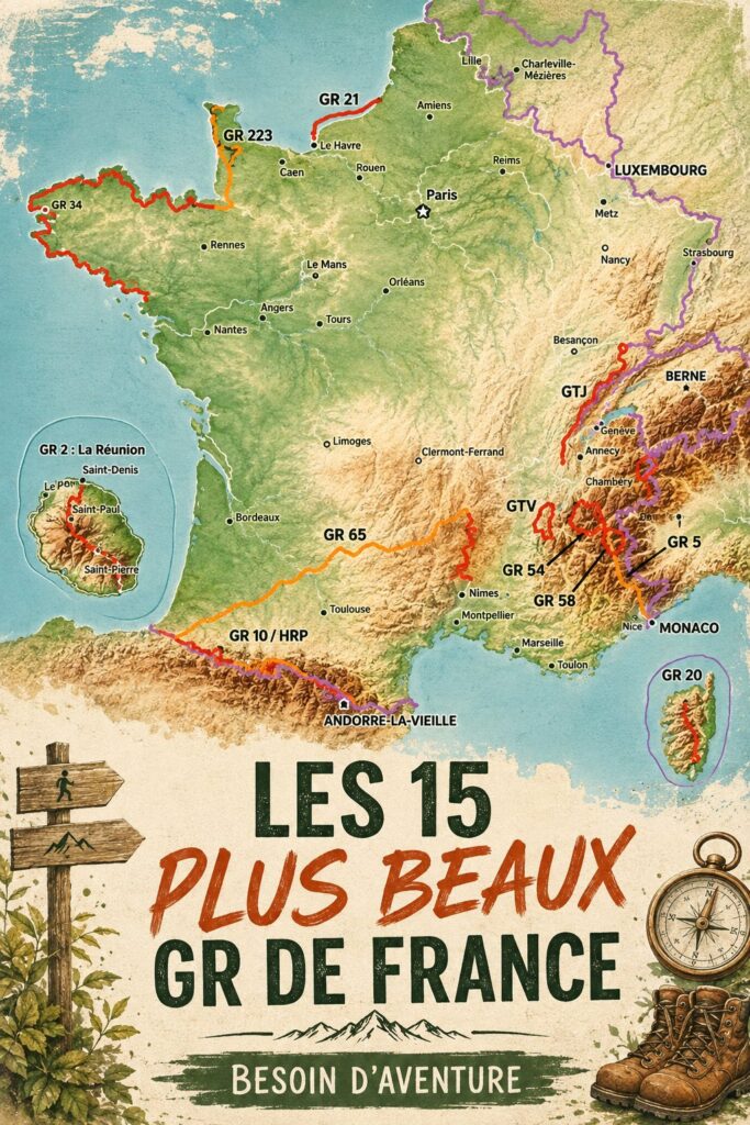 Un sentier de Grande Randonnée en pleine nature, avec des paysages magnifiques en arrière-plan.