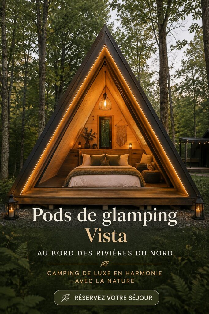 Vue des pods de glamping au bord de la rivière, décor naturel et confortable.