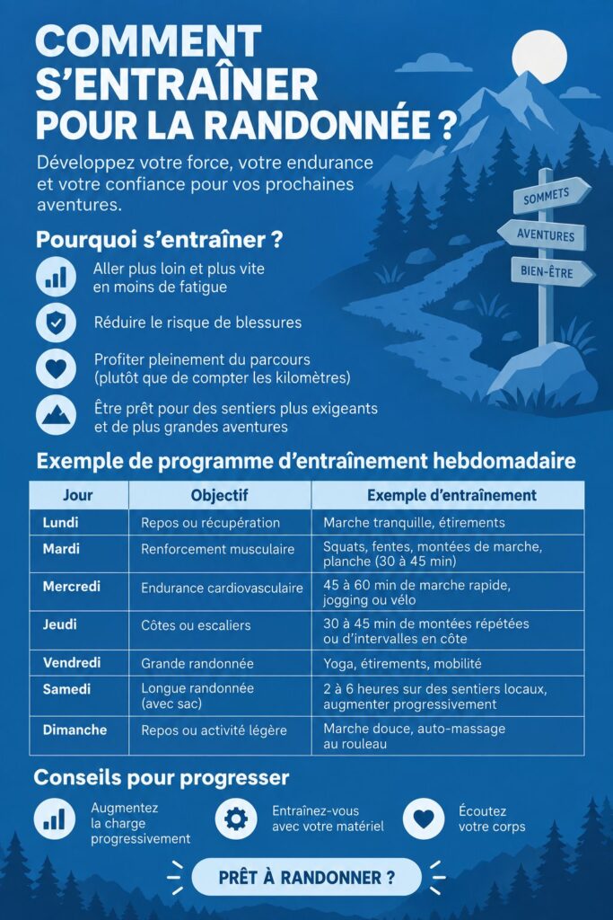 Femme en pleine randonnée dans la nature, montrant l'importance de la préparation physique.
