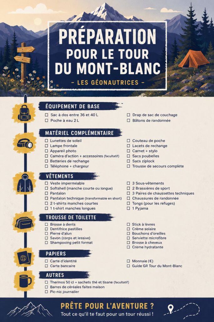 Femme préparant son équipement pour le Tour du Mont-Blanc dans un environnement montagneux.