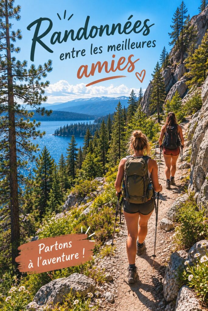 Groupe d'amies en pleine randonnée sur un sentier verdoyant, riant et partageant un moment convivial.