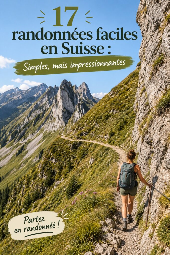 Randonnée facile en Suisse, vue sur la montagne et forêts verdoyantes