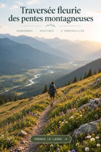 Femme en randonnée sur un sentier fleuri en montagne, entourée de paysages majestueux.
