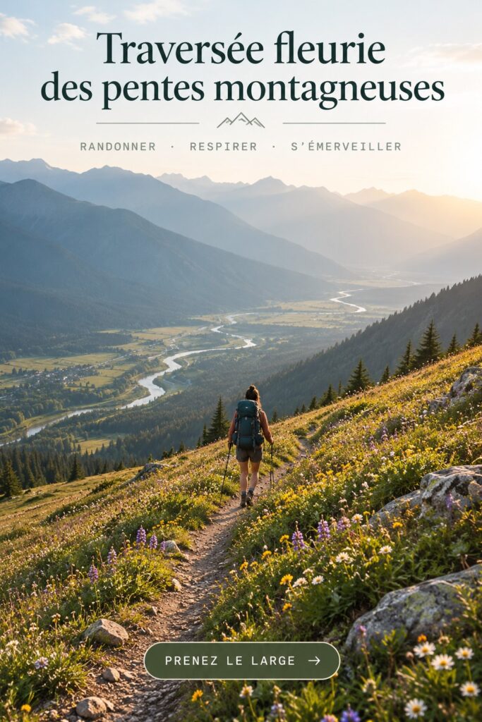 Femme en randonnée sur un sentier fleuri en montagne, entourée de paysages majestueux.