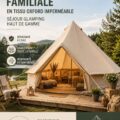 Tente de camping beige installée dans un cadre naturel accueillant