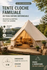 Tente de camping beige installée dans un cadre naturel accueillant