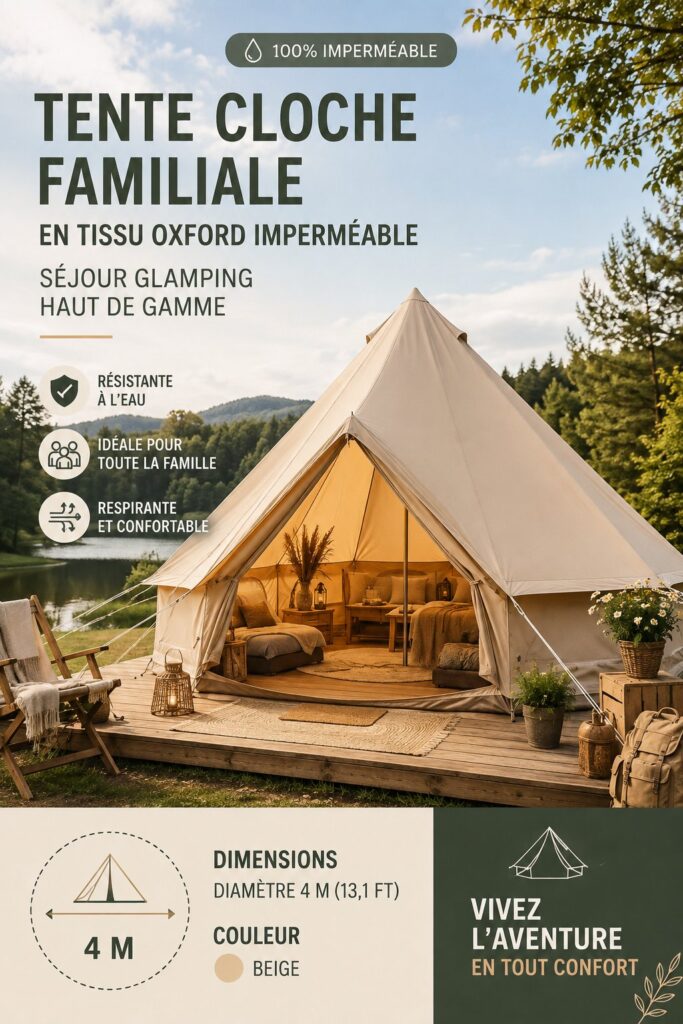 Tente de camping beige installée dans un cadre naturel accueillant
