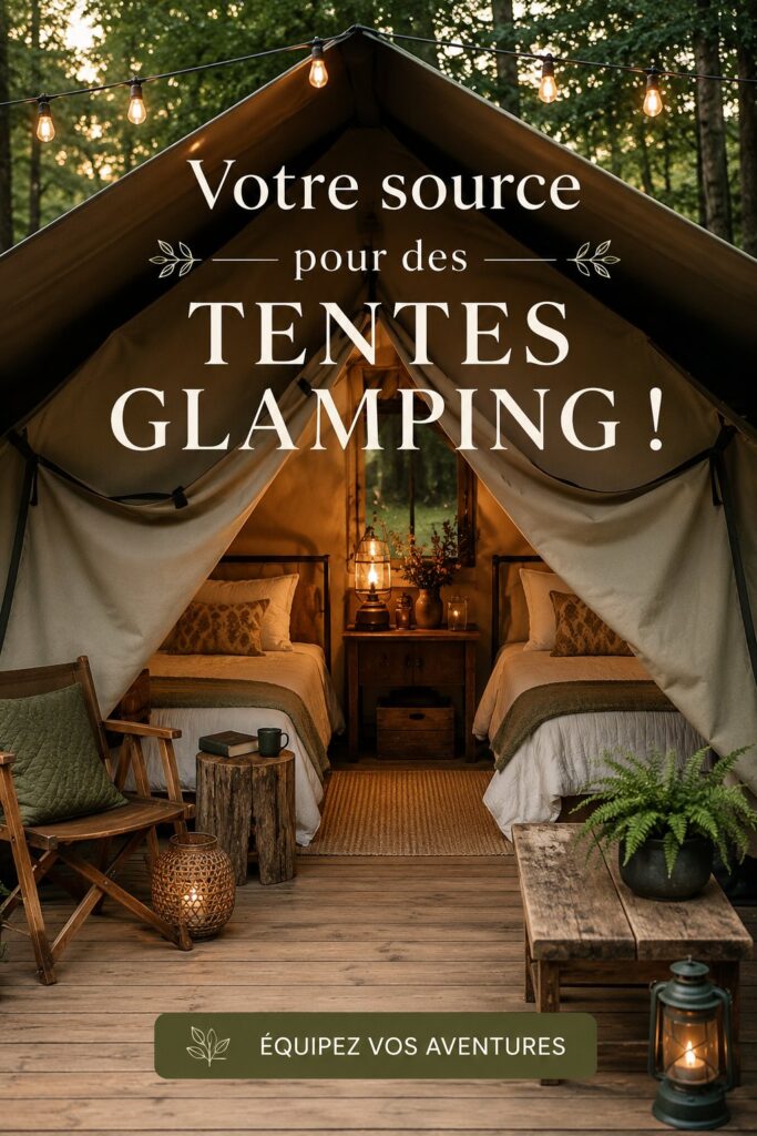 Une belle tente de glamping installée en pleine nature avec des meubles confortables.