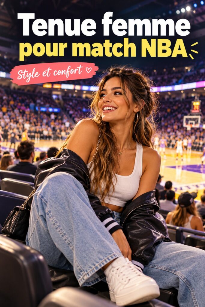 Femme habillée avec style pour un match de NBA, portant un haut aux couleurs de l'équipe.